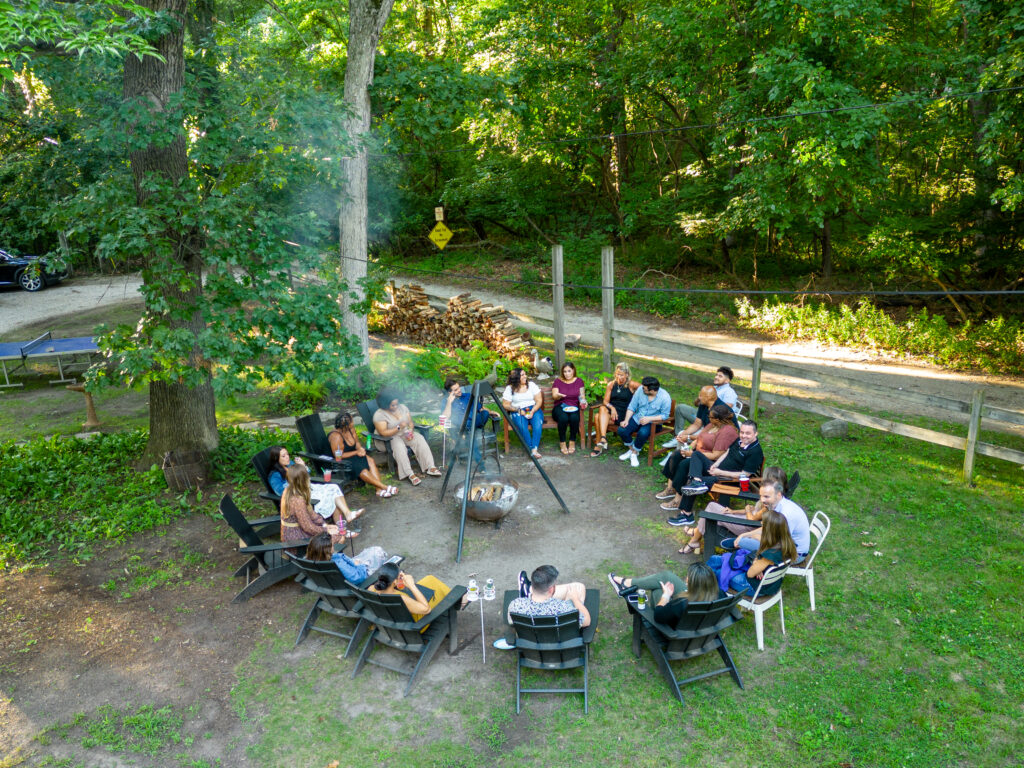 Fireplace and backyard at the Neighborhood Hotel in Grand Beach, Michigan. 